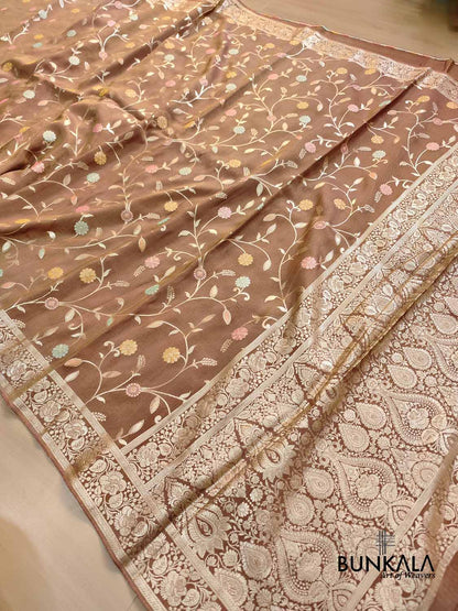 Chiku Brown Meenakari Floral Jaal Banarasi Soft Tissue Silk Saree