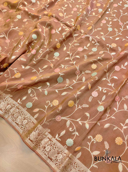 Chiku Brown Meenakari Floral Jaal Banarasi Soft Tissue Silk Saree