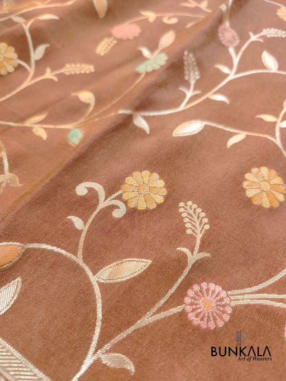 Chiku Brown Meenakari Floral Jaal Banarasi Soft Tissue Silk Saree