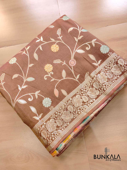 Chiku Brown Meenakari Floral Jaal Banarasi Soft Tissue Silk Saree