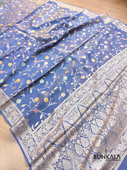 Blue Meenakari Floral Jaal Banarasi Soft Tissue Silk Saree