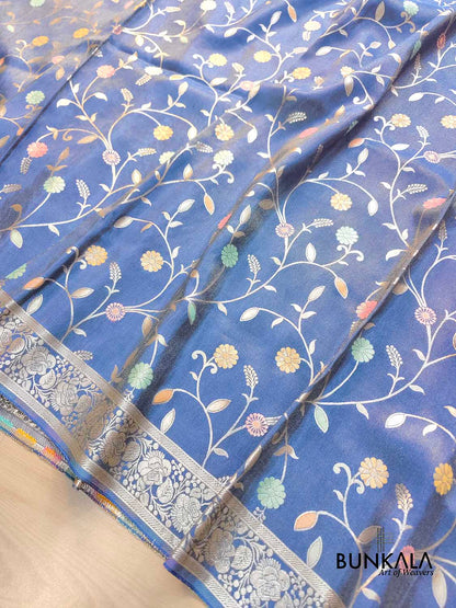 Blue Meenakari Floral Jaal Banarasi Soft Tissue Silk Saree