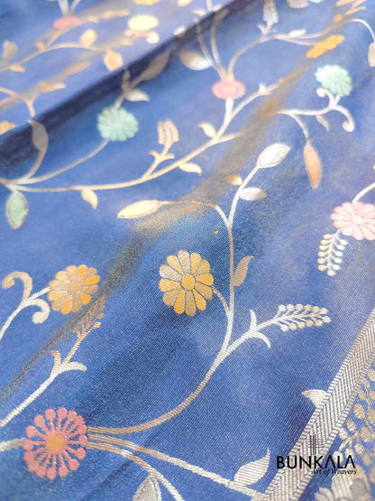 Blue Meenakari Floral Jaal Banarasi Soft Tissue Silk Saree