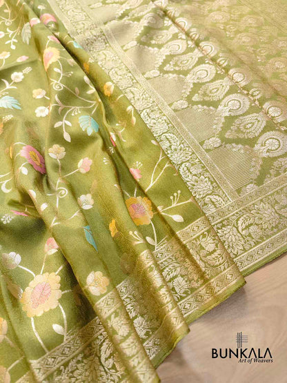Mehandi Green Meenakari Floral Jaal Banarasi Soft Tissue Silk Saree