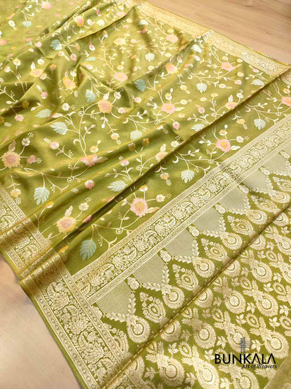 Mehandi Green Meenakari Floral Jaal Banarasi Soft Tissue Silk Saree