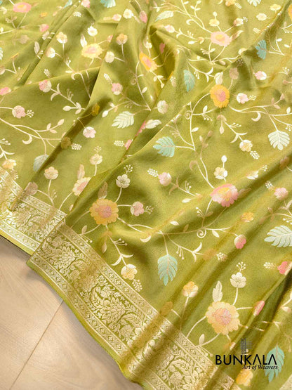 Mehandi Green Meenakari Floral Jaal Banarasi Soft Tissue Silk Saree