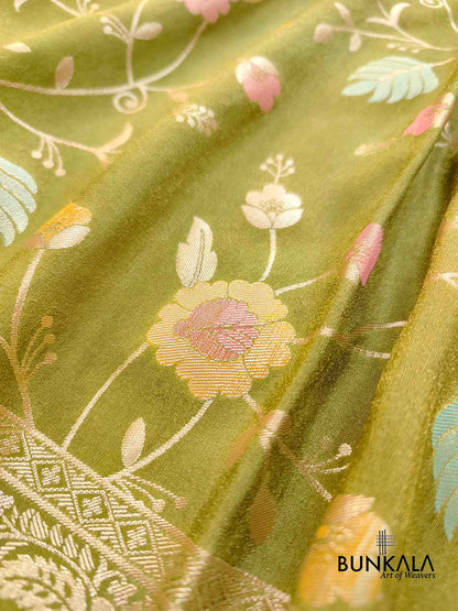 Mehandi Green Meenakari Floral Jaal Banarasi Soft Tissue Silk Saree