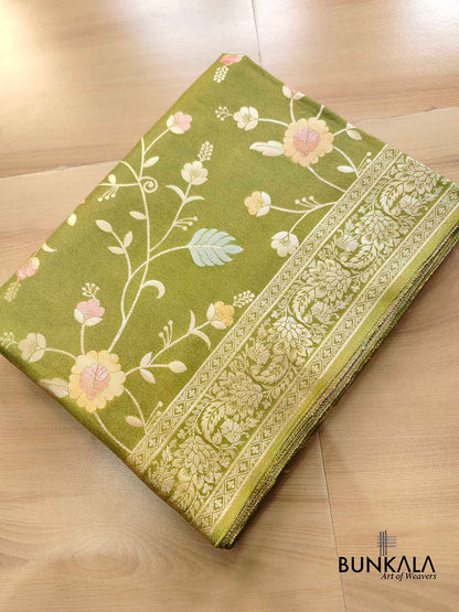 Mehandi Green Meenakari Floral Jaal Banarasi Soft Tissue Silk Saree