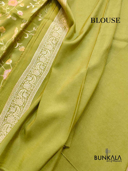 Mehandi Green Meenakari Floral Jaal Banarasi Soft Tissue Silk Saree