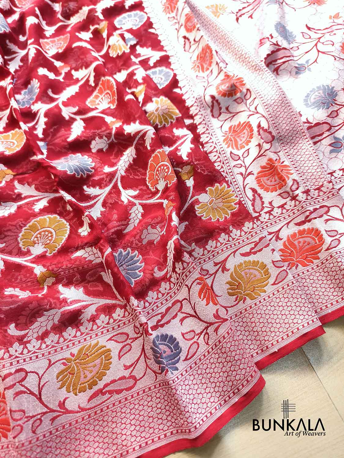 Red Meenakari Silver Zari Jaal Handloom Banarasi Pure Georgette Saree