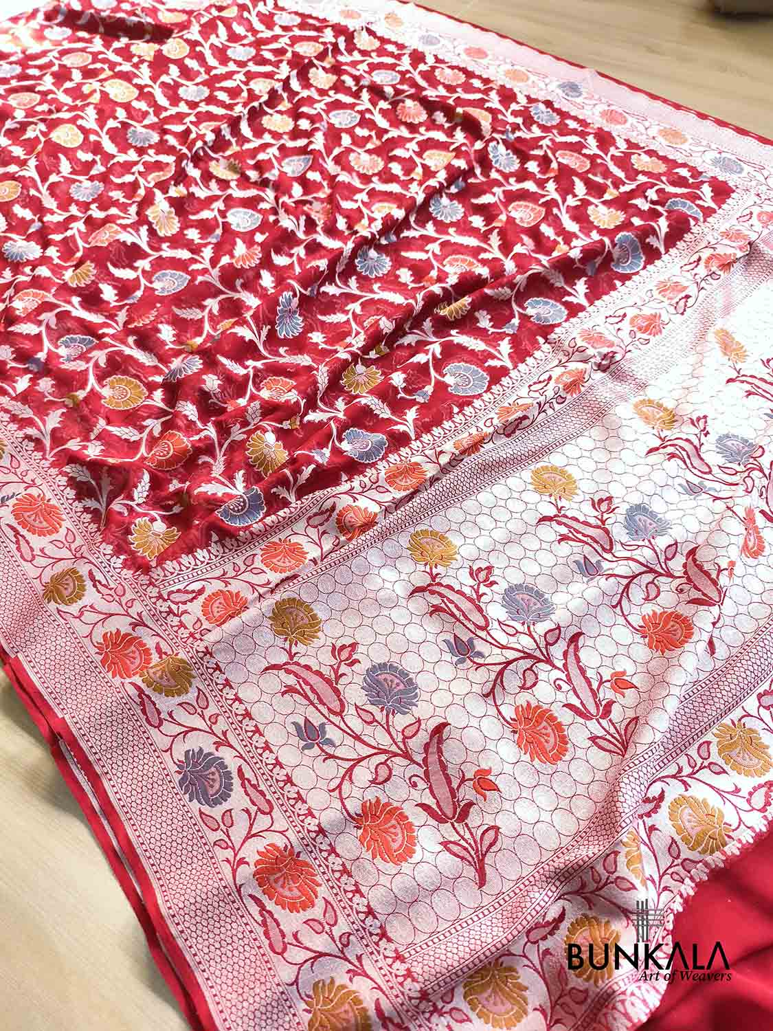 Red Meenakari Silver Zari Jaal Handloom Banarasi Pure Georgette Saree
