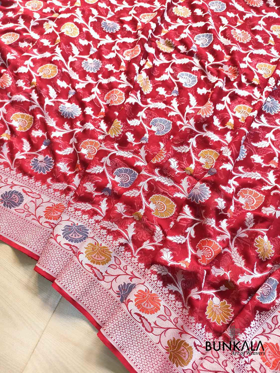 Red Meenakari Silver Zari Jaal Handloom Banarasi Pure Georgette Saree