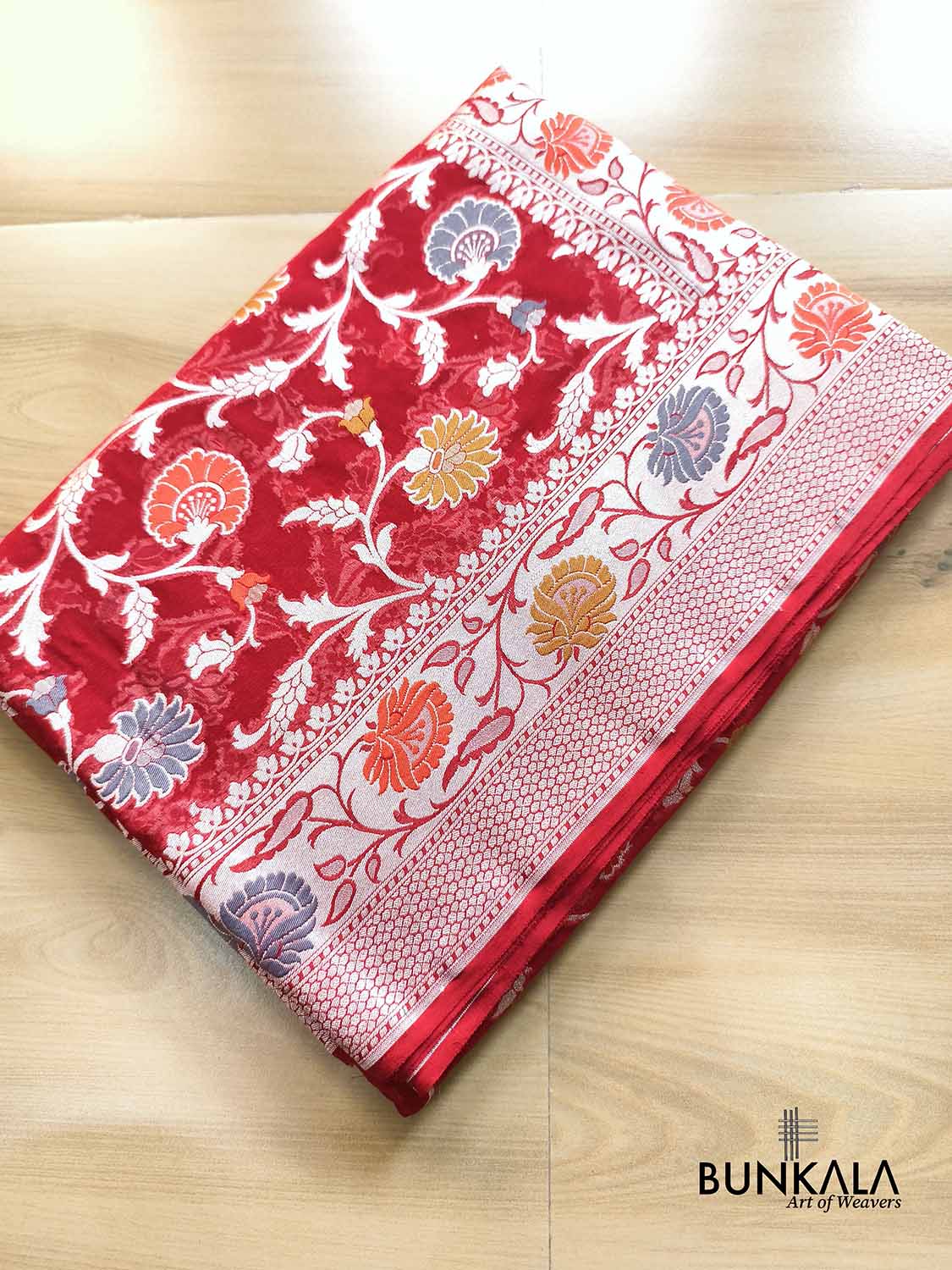 Red Meenakari Silver Zari Jaal Handloom Banarasi Pure Georgette Saree