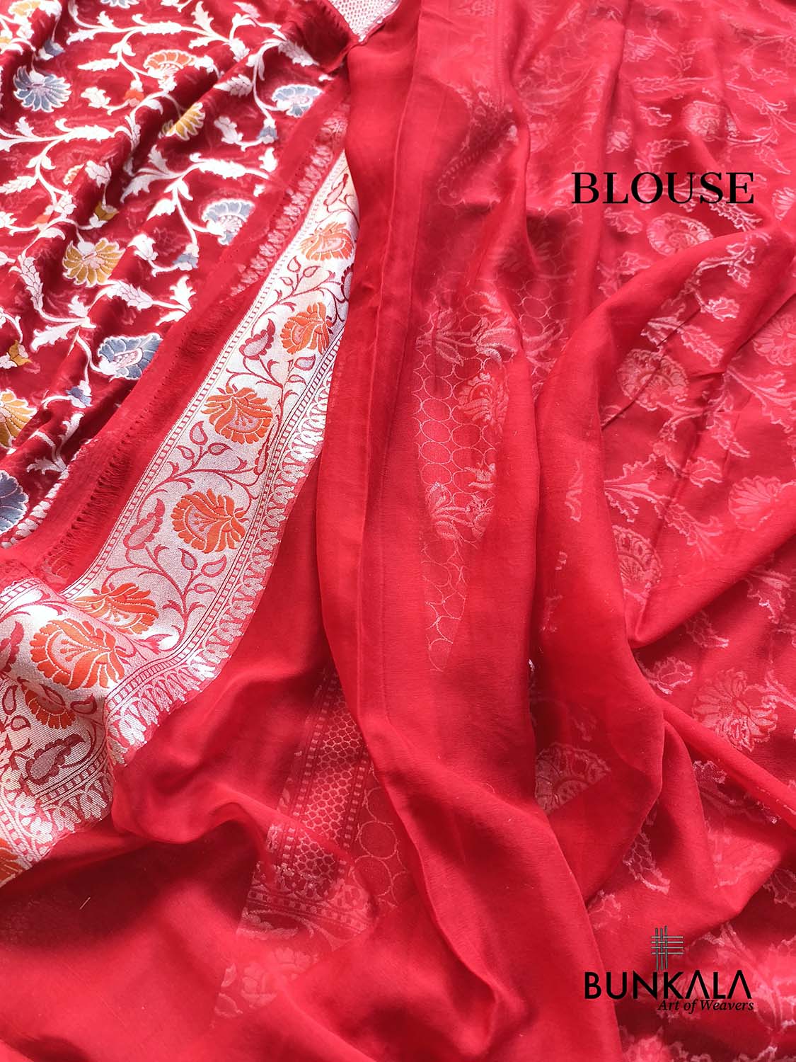 Red Meenakari Silver Zari Jaal Handloom Banarasi Pure Georgette Saree