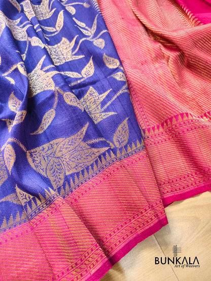 Blue Contrast Border Leaf Pattern Handloom Banarasi Pure Tussar Silk Saree