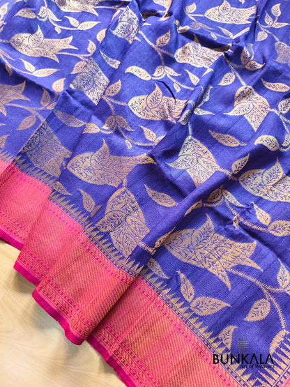 Blue Contrast Border Leaf Pattern Handloom Banarasi Pure Tussar Silk Saree