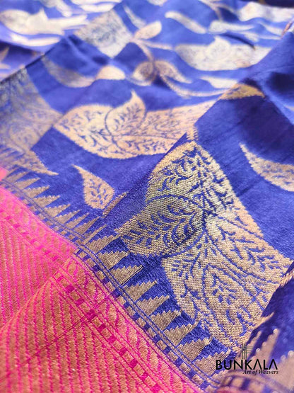 Blue Contrast Border Leaf Pattern Handloom Banarasi Pure Tussar Silk Saree