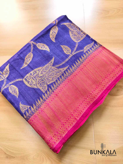 Blue Contrast Border Leaf Pattern Handloom Banarasi Pure Tussar Silk Saree