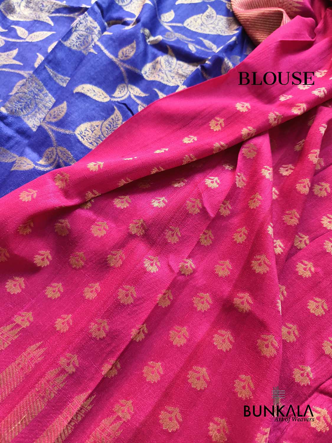 Blue Contrast Border Leaf Pattern Handloom Banarasi Pure Tussar Silk Saree