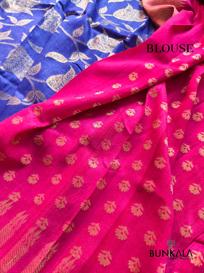 Blue Contrast Border Leaf Pattern Handloom Banarasi Pure Tussar Silk Saree