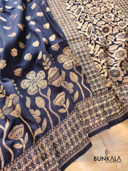 Black Big Floral Border Banarasi Handloom Pure Moonga Silk Saree