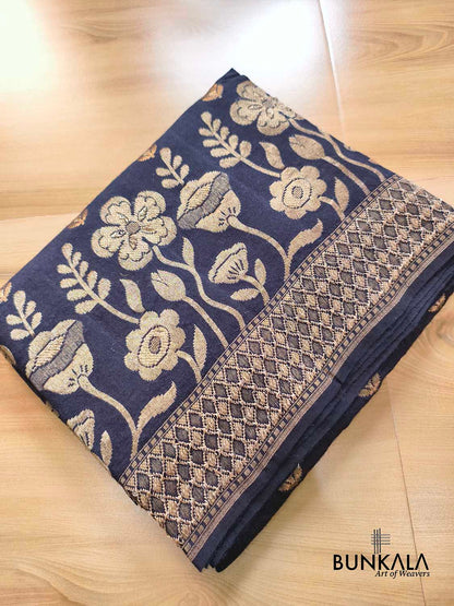Black Big Floral Border Banarasi Handloom Pure Moonga Silk Saree