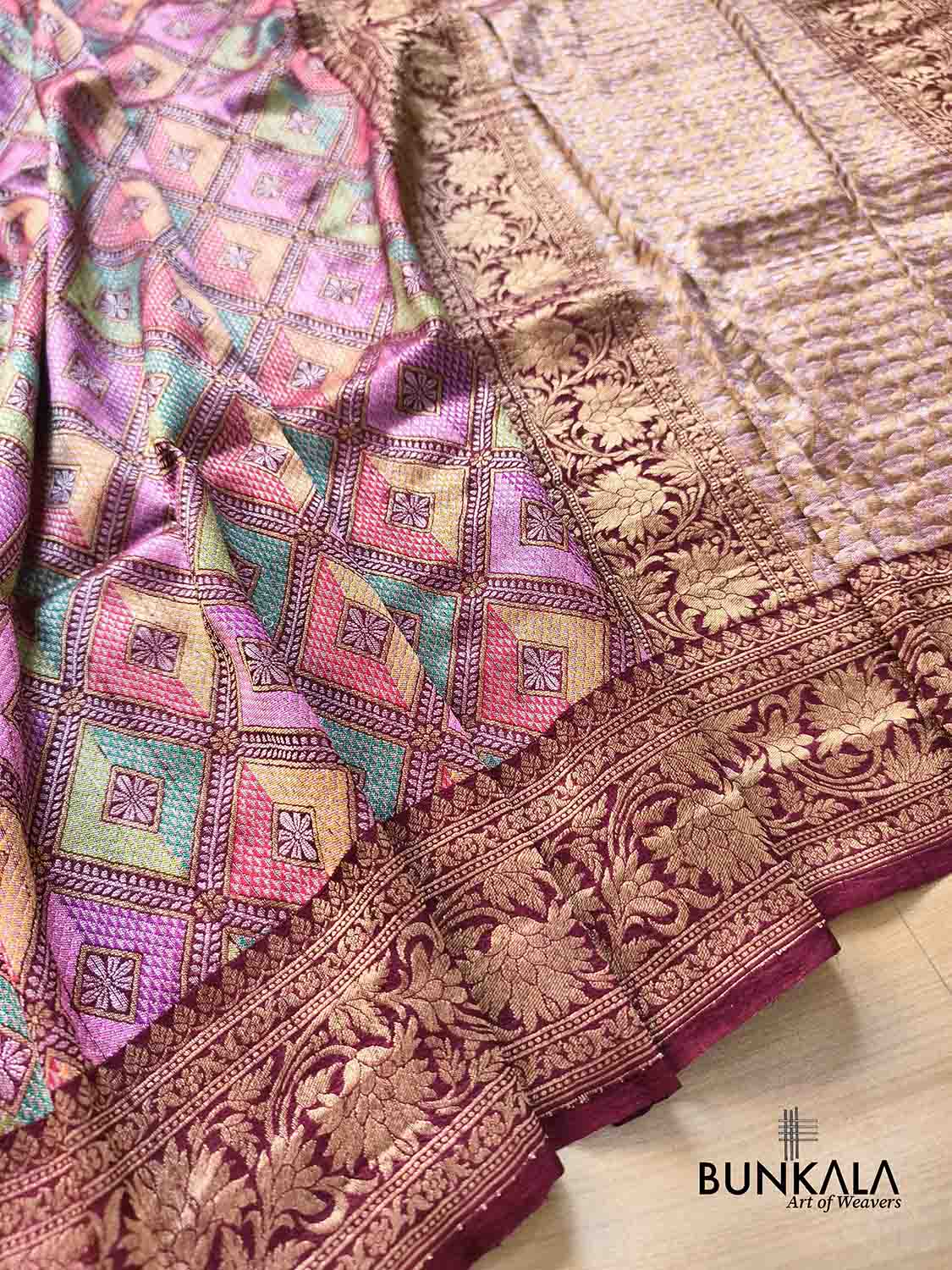 Burgundy Geometric Daimond Design Meenakari Handloom Banarasi Pure Tussar Silk Saree