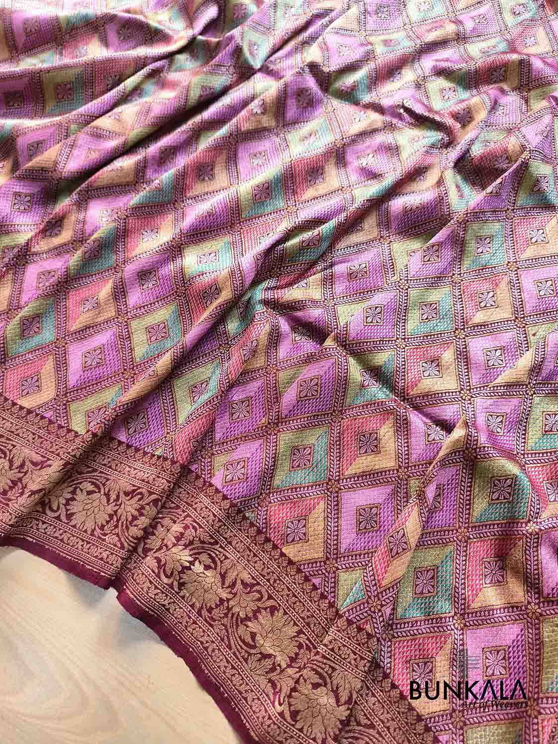 Burgundy Geometric Daimond Design Meenakari Handloom Banarasi Pure Tussar Silk Saree