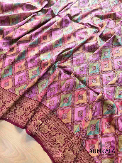 Burgundy Geometric Daimond Design Meenakari Handloom Banarasi Pure Tussar Silk Saree