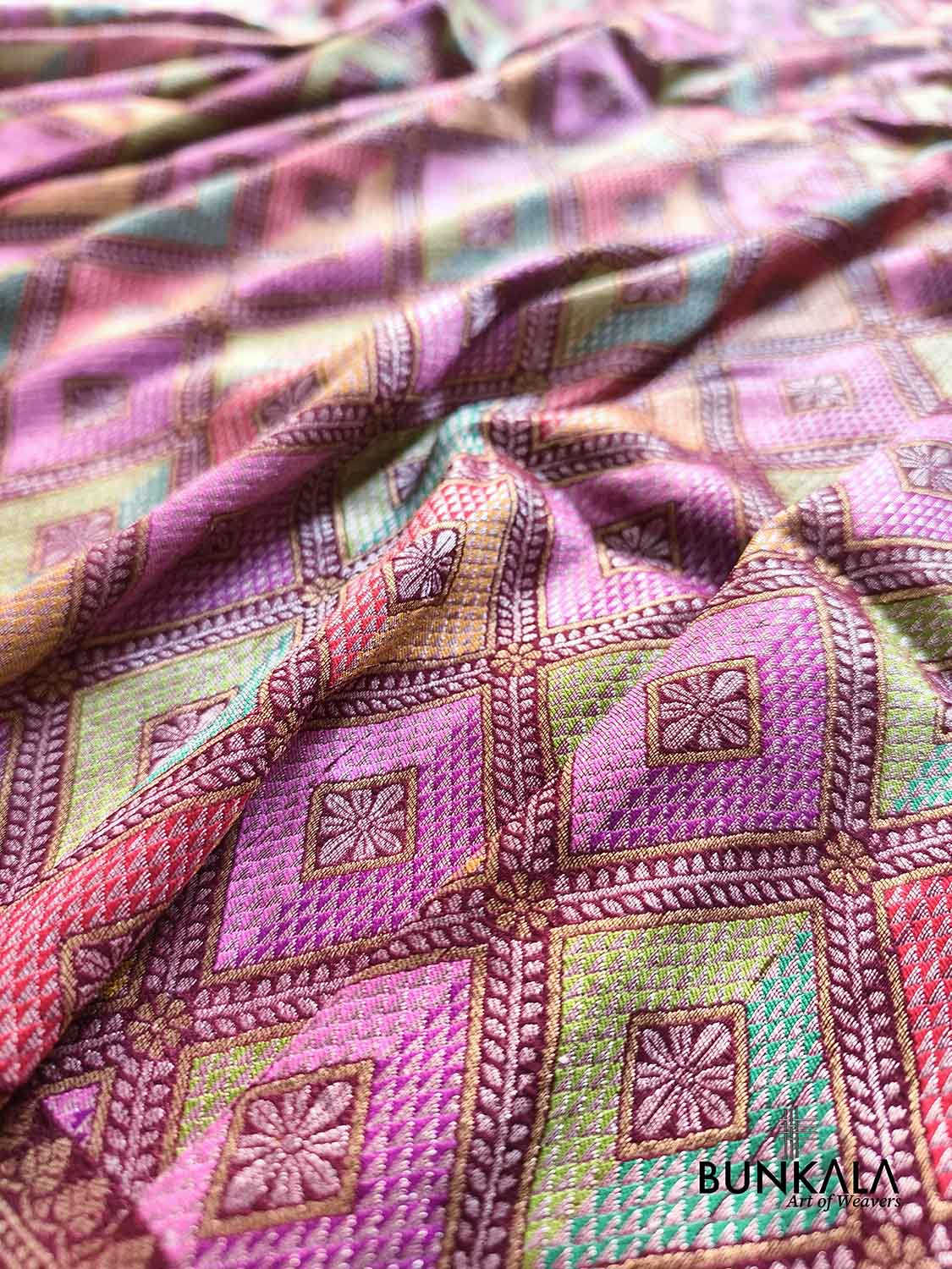 Burgundy Geometric Daimond Design Meenakari Handloom Banarasi Pure Tussar Silk Saree