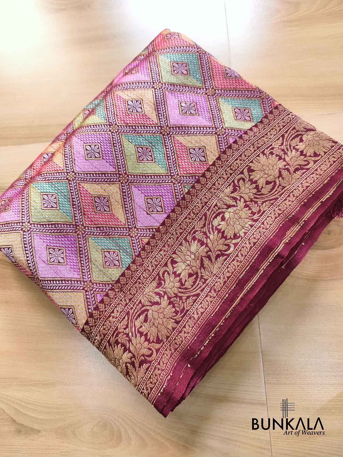 Burgundy Geometric Daimond Design Meenakari Handloom Banarasi Pure Tussar Silk Saree