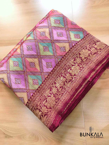 Burgundy Geometric Daimond Design Meenakari Handloom Banarasi Pure Tussar Silk Saree
