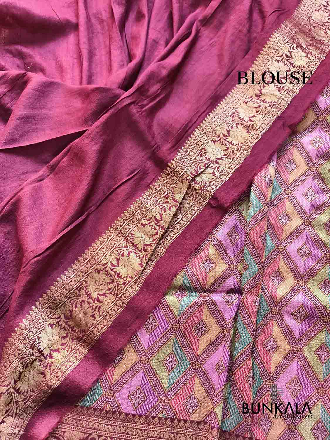 Burgundy Geometric Daimond Design Meenakari Handloom Banarasi Pure Tussar Silk Saree