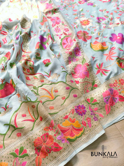 Ice Blue Meenakari Life Tree Design Handloom Banarasi Pure Georgette Saree
