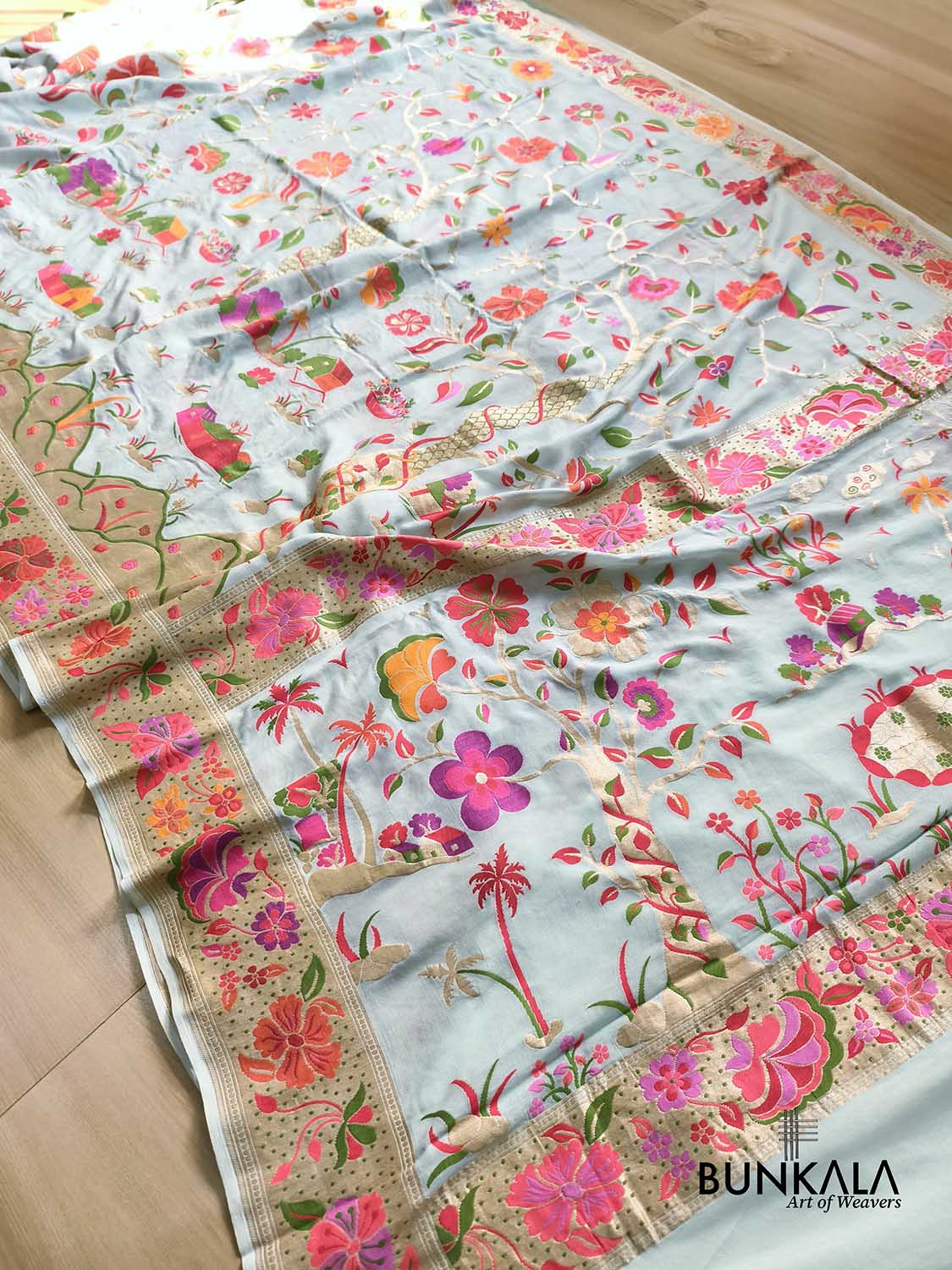 Ice Blue Meenakari Life Tree Design Handloom Banarasi Pure Georgette Saree