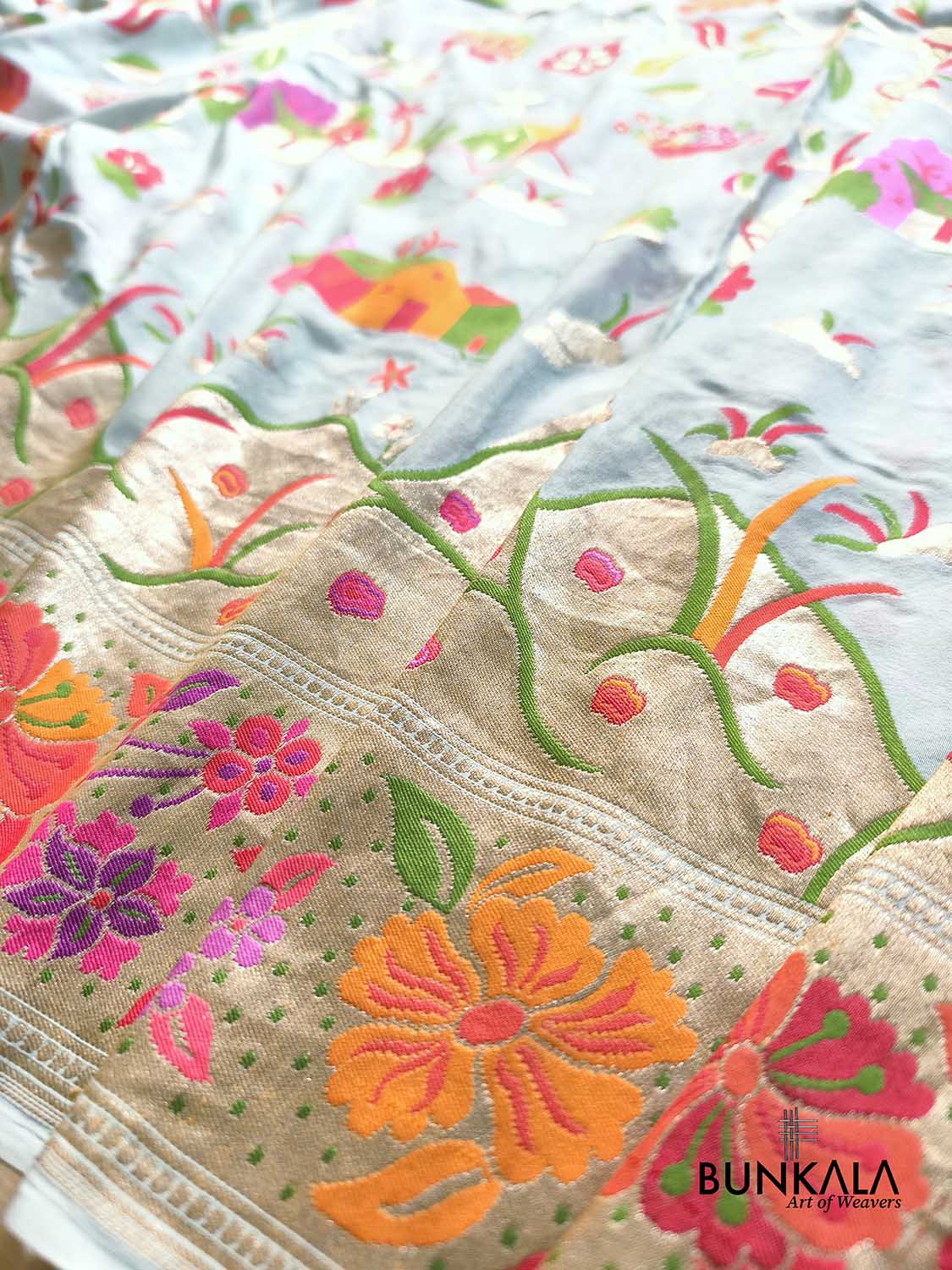 Ice Blue Meenakari Life Tree Design Handloom Banarasi Pure Georgette Saree