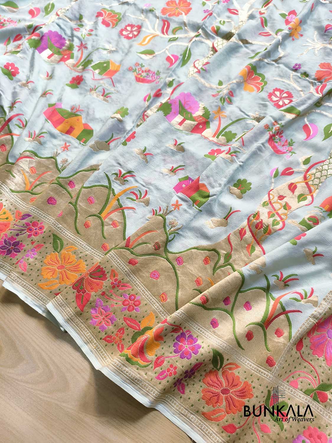 Ice Blue Meenakari Life Tree Design Handloom Banarasi Pure Georgette Saree