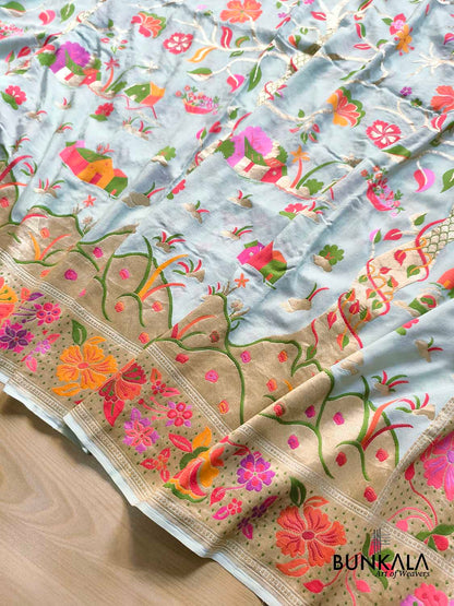 Ice Blue Meenakari Life Tree Design Handloom Banarasi Pure Georgette Saree