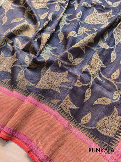 Ash Black Contrast Border Leaf Pattern Handloom Banarasi Pure Tussar Silk Saree