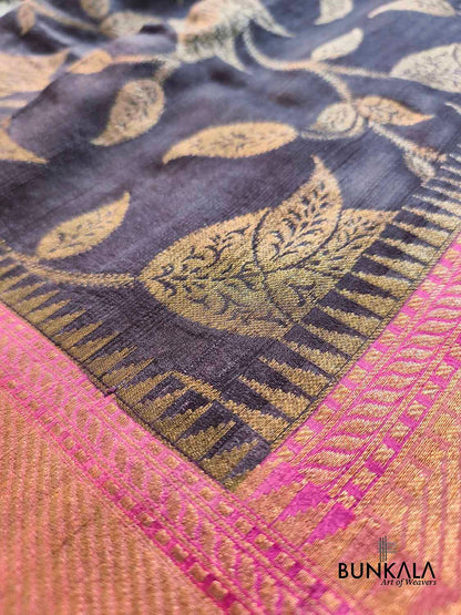 Ash Black Contrast Border Leaf Pattern Handloom Banarasi Pure Tussar Silk Saree