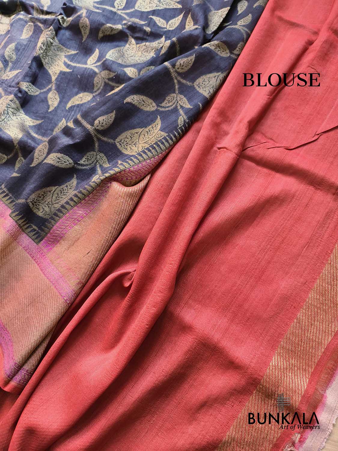 Ash Black Contrast Border Leaf Pattern Handloom Banarasi Pure Tussar Silk Saree