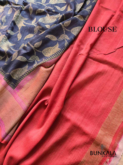 Ash Black Contrast Border Leaf Pattern Handloom Banarasi Pure Tussar Silk Saree