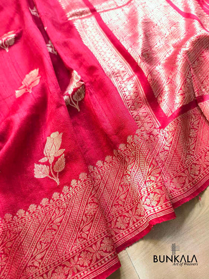 Red Rose Buta Kadwa Hand Weaved Sona Zari Banarasi Pure Raw Silk Saree