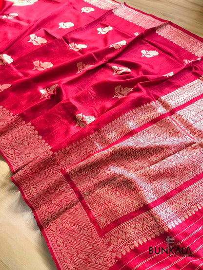 Red Rose Buta Kadwa Hand Weaved Sona Zari Banarasi Pure Raw Silk Saree