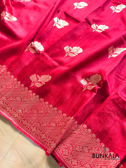 Red Rose Buta Kadwa Hand Weaved Sona Zari Banarasi Pure Raw Silk Saree