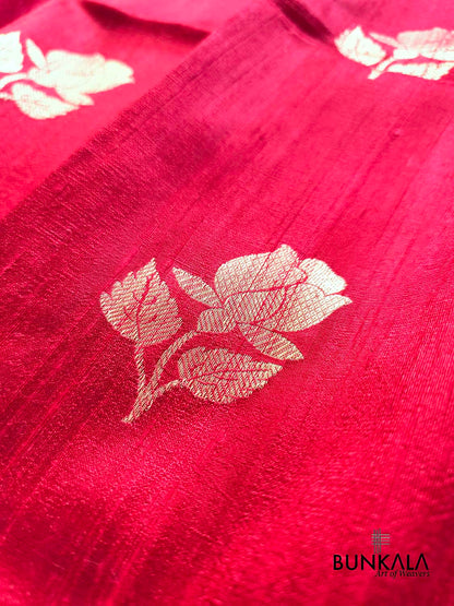 Red Rose Buta Kadwa Hand Weaved Sona Zari Banarasi Pure Raw Silk Saree