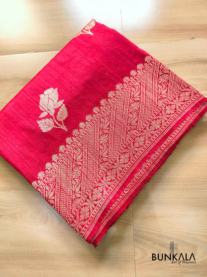 Red Rose Buta Kadwa Hand Weaved Sona Zari Banarasi Pure Raw Silk Saree