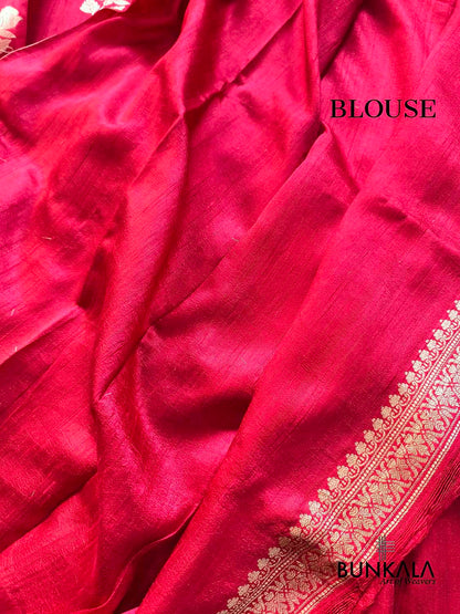 Red Rose Buta Kadwa Hand Weaved Sona Zari Banarasi Pure Raw Silk Saree