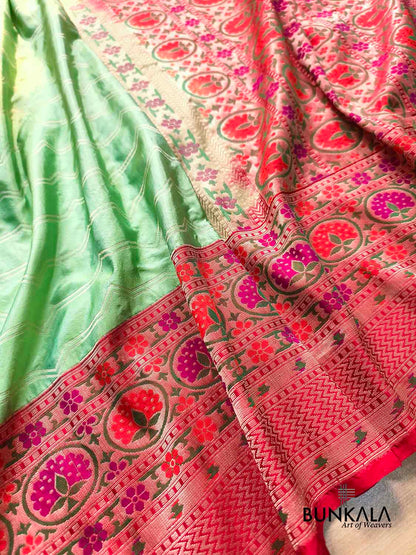 Pastel Green Jamdani Kadiyal Meenakari Red Border Handloom Banarasi Pure Katan Silk Saree