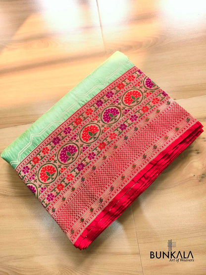 Pastel Green Jamdani Kadiyal Meenakari Red Border Handloom Banarasi Pure Katan Silk Saree